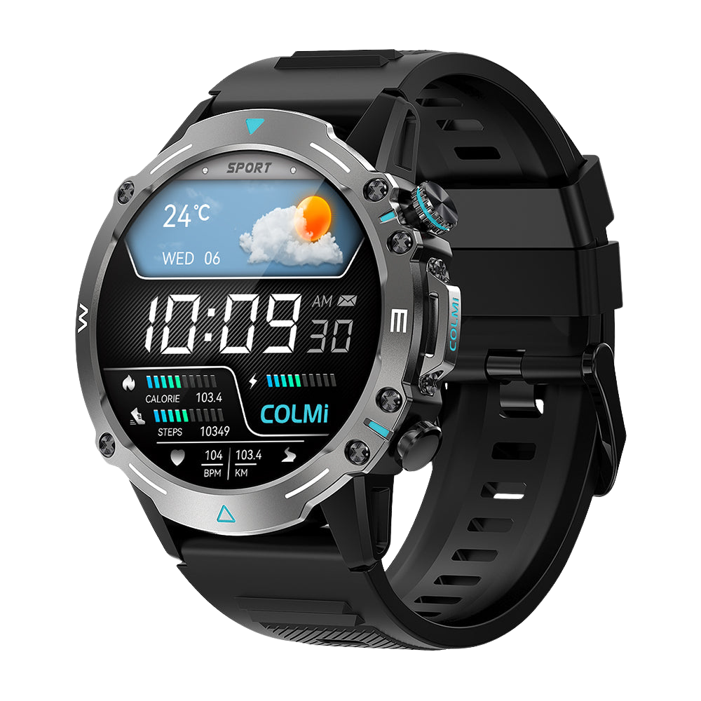 Black Colmi M42 smartwatch shown from the right side, highlighting slim design, 100+ sports modes, and 10-day battery life.