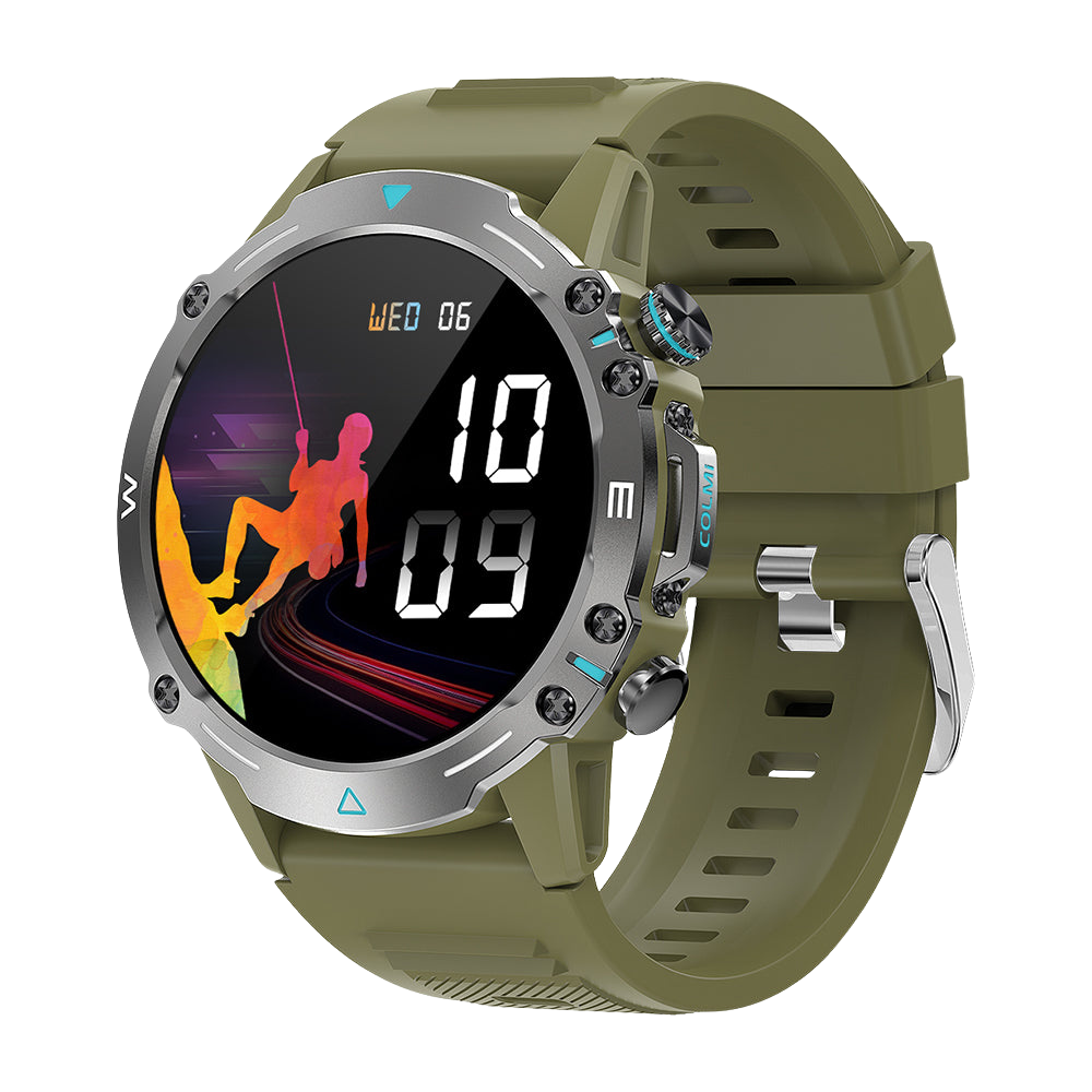 Green Colmi M42 smartwatch shown from the right side, highlighting slim design, 100+ sports modes, and 10-day battery life.