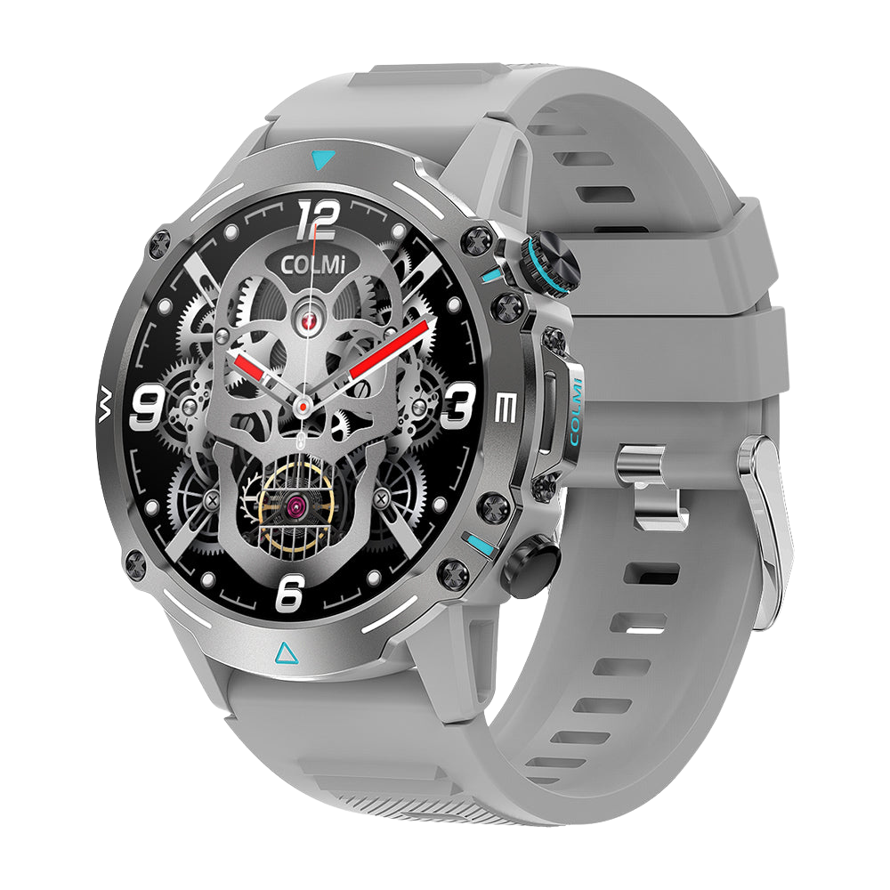 Silver Colmi M42 smartwatch shown from the right side, highlighting slim design, 100+ sports modes, and 10-day battery life.