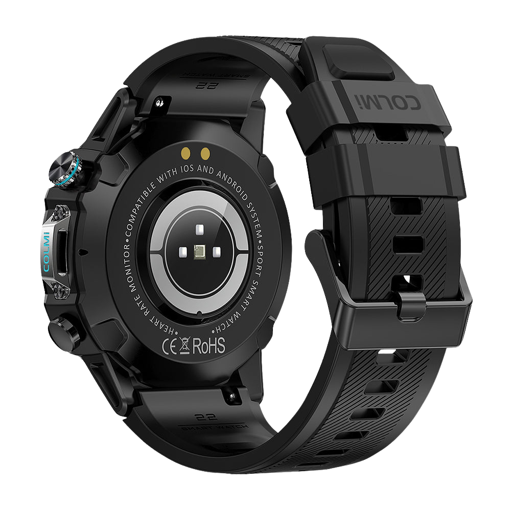 Black Colmi M42 smartwatch shown from the back view, featuring slim design, 100+ sports modes, and 10-day battery life.