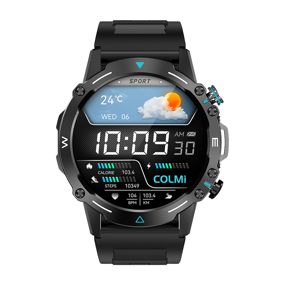 Black Colmi M42 smartwatch with slim design, featuring 100+ sports modes and 10-day battery life.