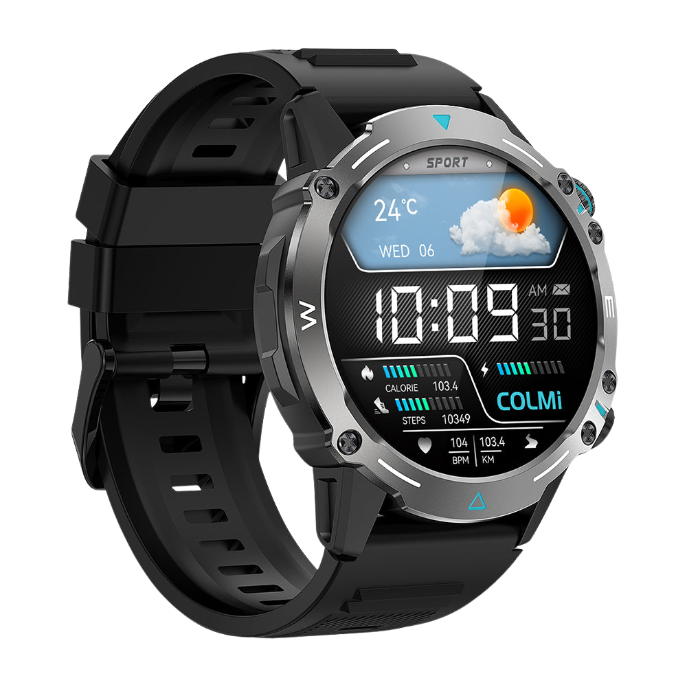 Black Colmi M42 smartwatch shown from the left side, highlighting slim design, 100+ sports modes, and 10-day battery life.