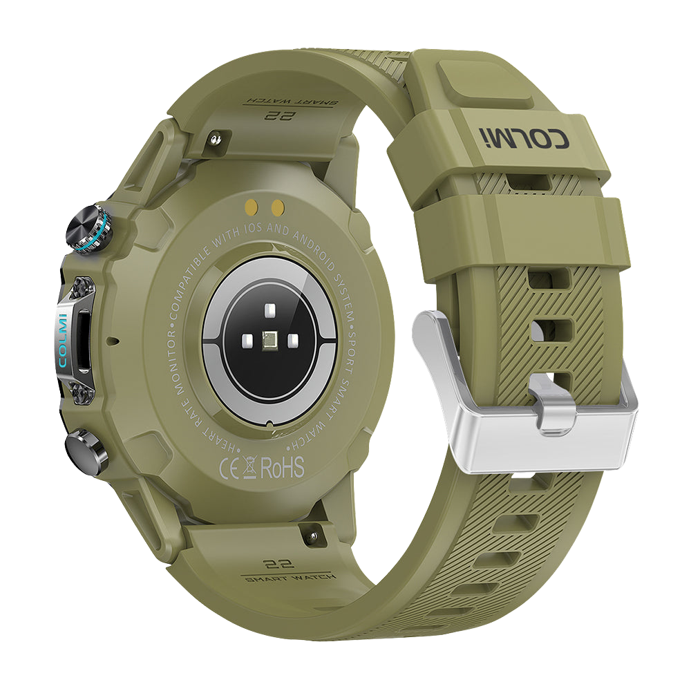 Green Colmi M42 smartwatch shown from the back view, featuring slim design, 100+ sports modes, and 10-day battery life.