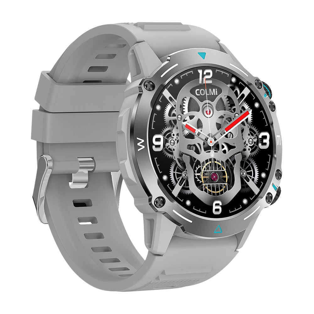 Silver Colmi M42 smartwatch shown from the left side, highlighting slim design, 100+ sports modes, and 10-day battery life.