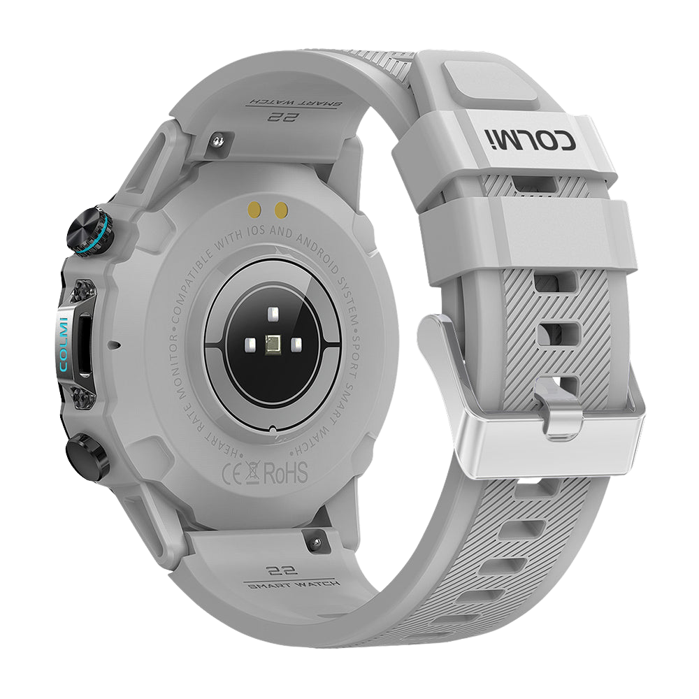 Silver Colmi M42 smartwatch shown from the back view, featuring slim design, 100+ sports modes, and 10-day battery life.