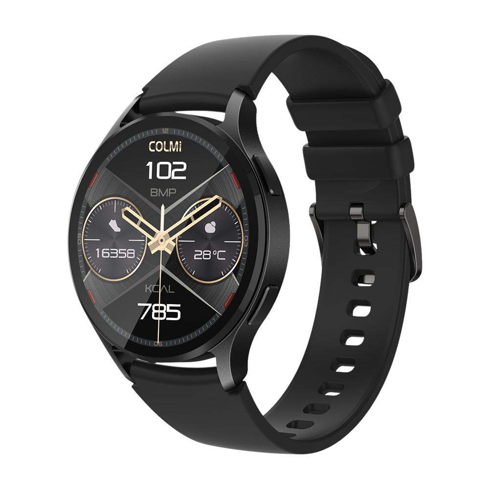 Black Colmi i28 Ultra smartwatch with circular display, advanced health tracking sensors, 10-day battery life, and IP68 waterproof rating.