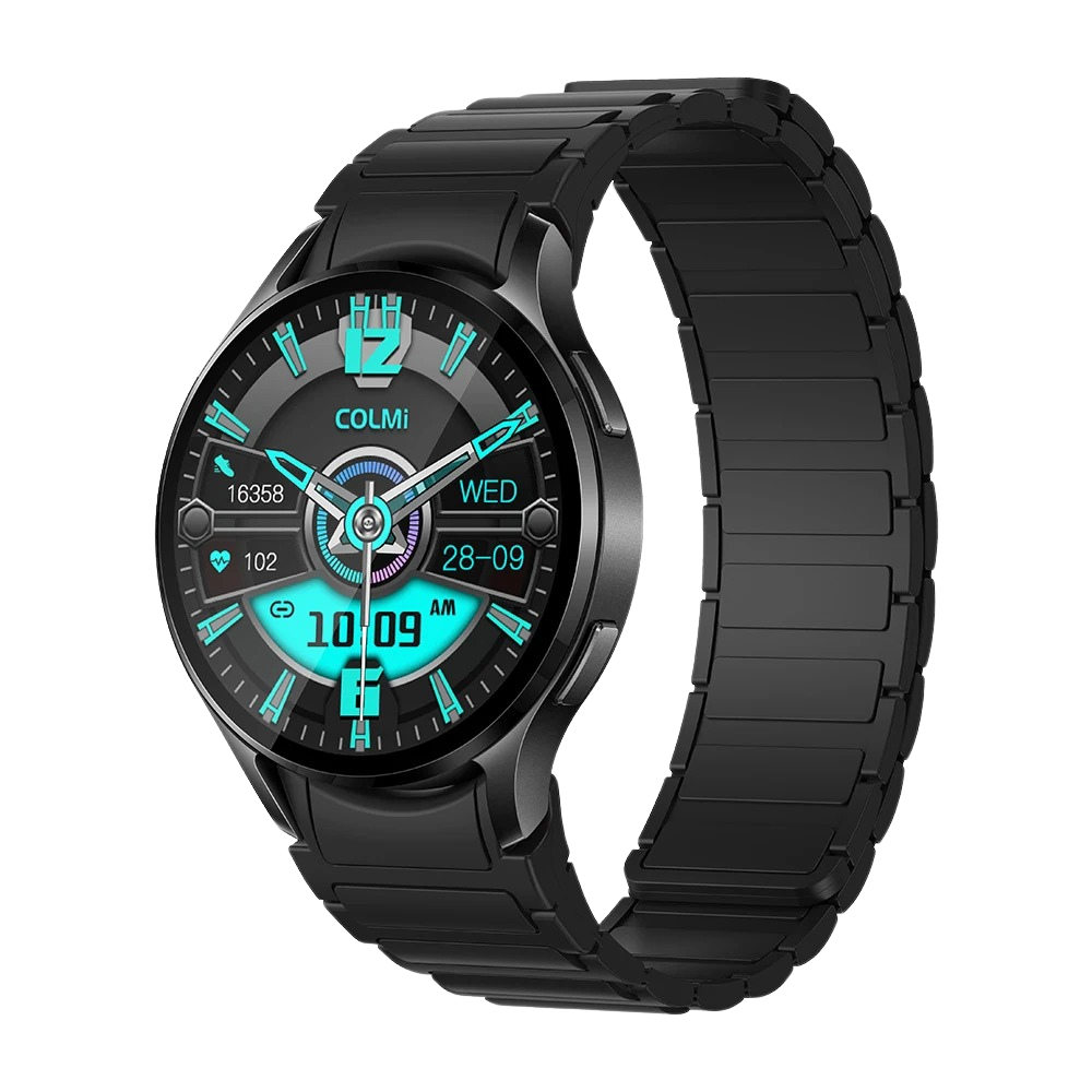 Black Colmi i28 Ultra smartwatch with magnetic strap, circular display, advanced health tracking sensors, 10-day battery life, and IP68 waterproof rating.