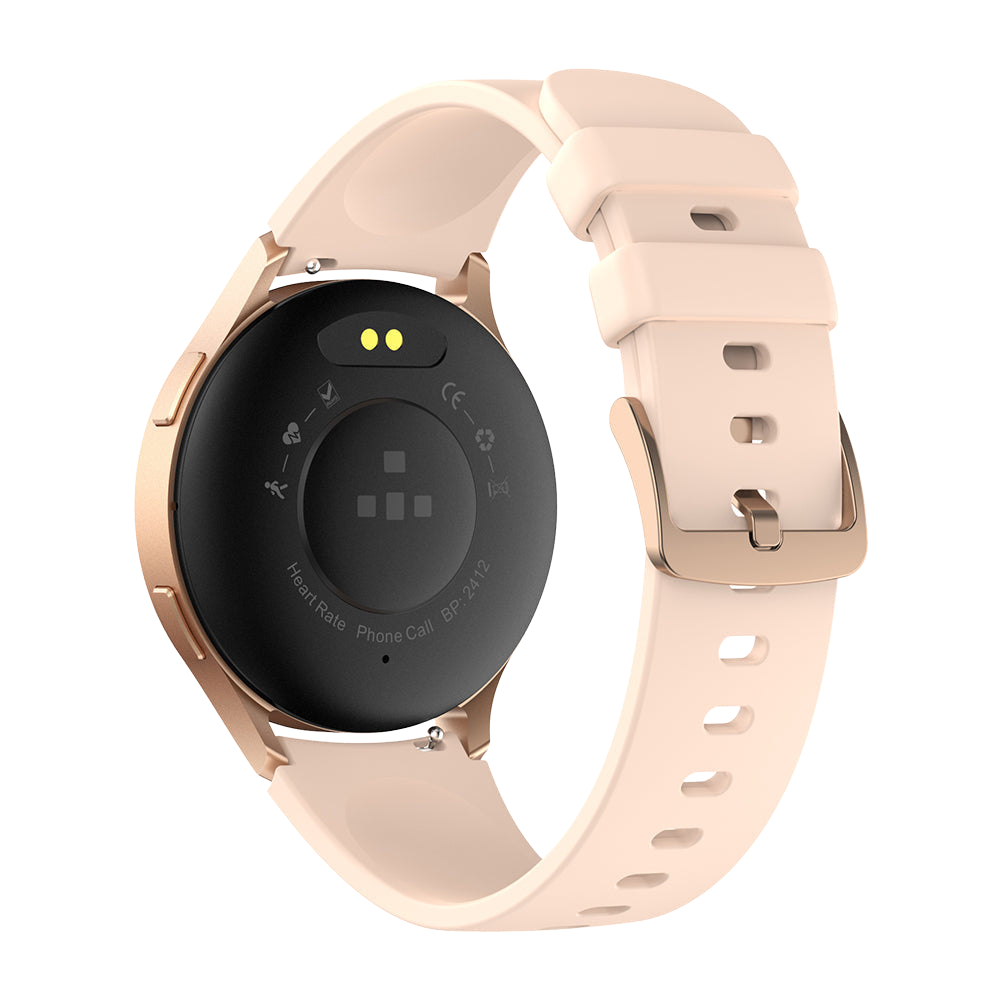 Gold Colmi i28 Ultra smartwatch shown from the back view, featuring rear health sensors, magnetic charging contacts, and IP68 waterproof rating.