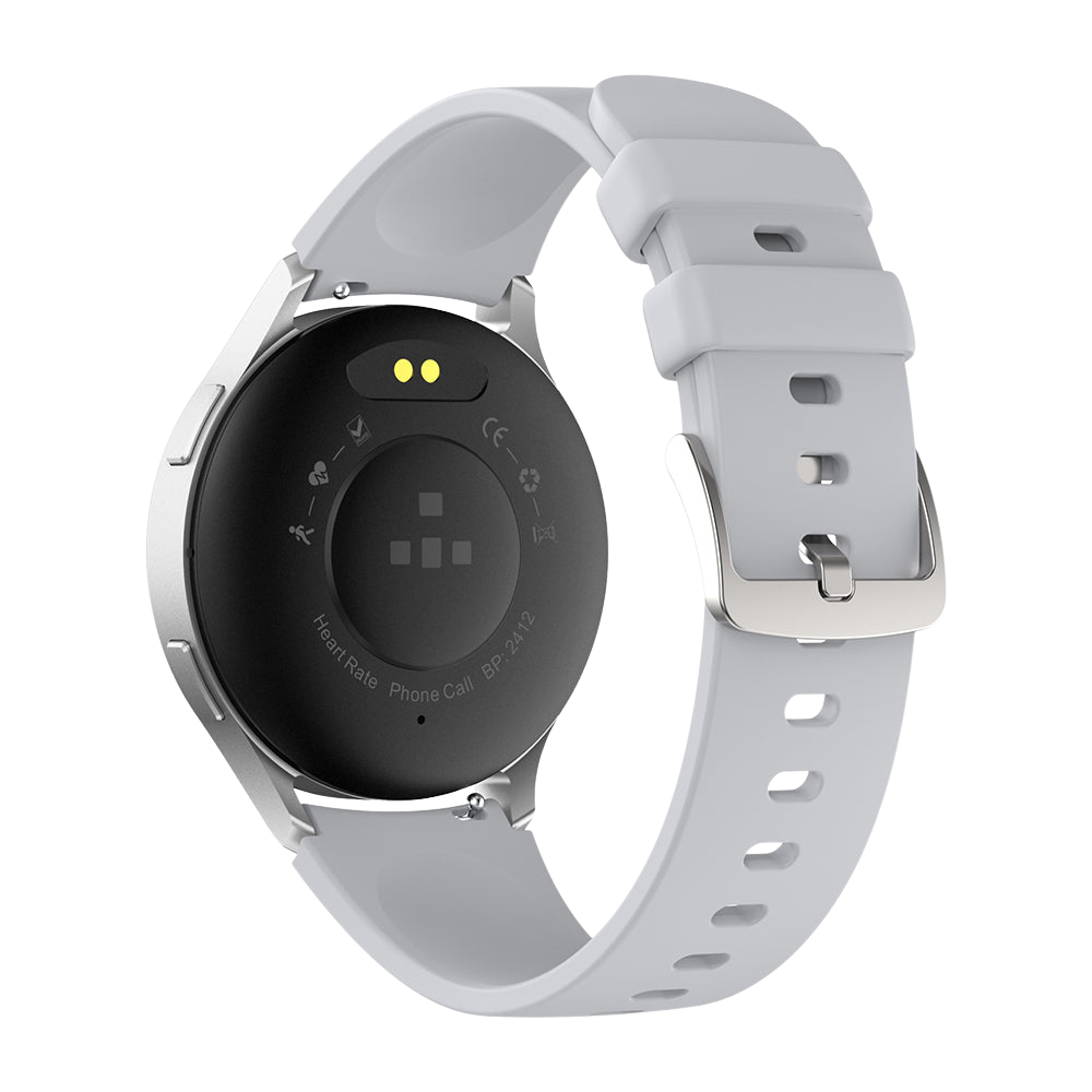 A silver Colmi i28 Ultra smartwatch shown from the back view, featuring the rear sensor array for advanced health tracking, magnetic charging contacts, and IP68 waterproof construction on a neutral background.
